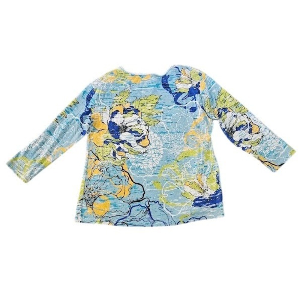 Jess & Jane Top Womens Large Blue Yellow Floral Cotton Long Sleeve Rhinestone - Picture 8 of 8